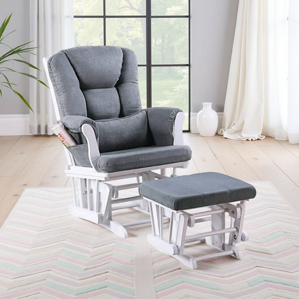 Noni Glider Chair w Square Ottoman, White Wood, Gray Seat