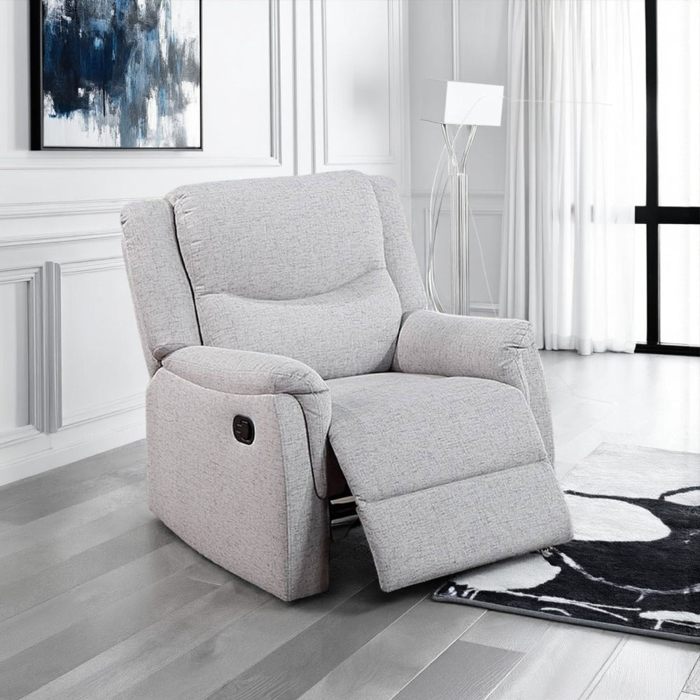 Ammy Manual Recliner Chair, Pillow Arms, Solid Wood, White Faux Burlap