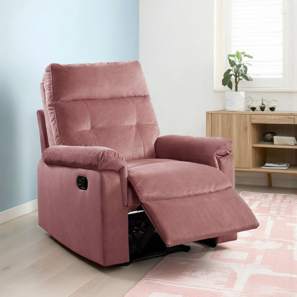 Jessy Manual Recliner Chair, Tufted Cushioned Rose Pink Velvet