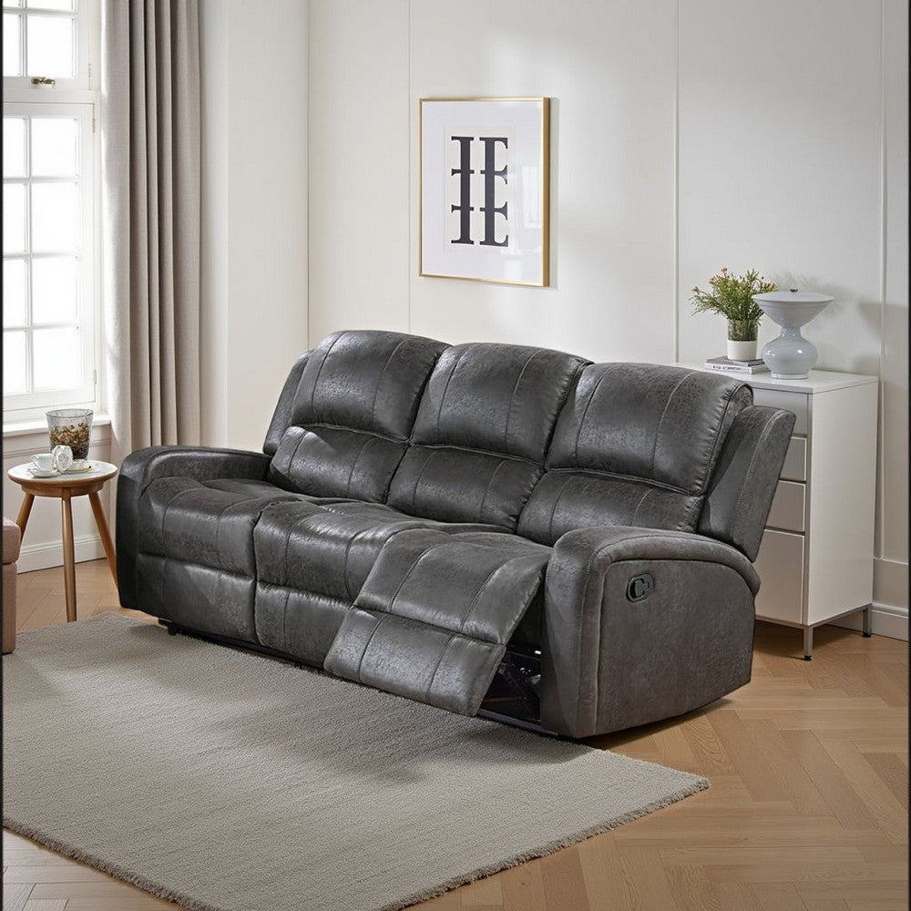 Charles Manual Recliner Sofa, Smoke Gray Faux Leather, Solid Wood, 78"