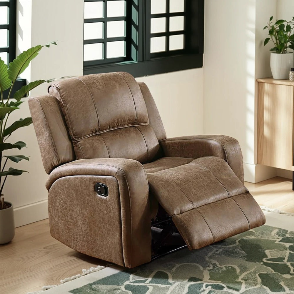 Charles Manual Recliner Chair, Chestnut Brown Faux Leather, Solid Wood
