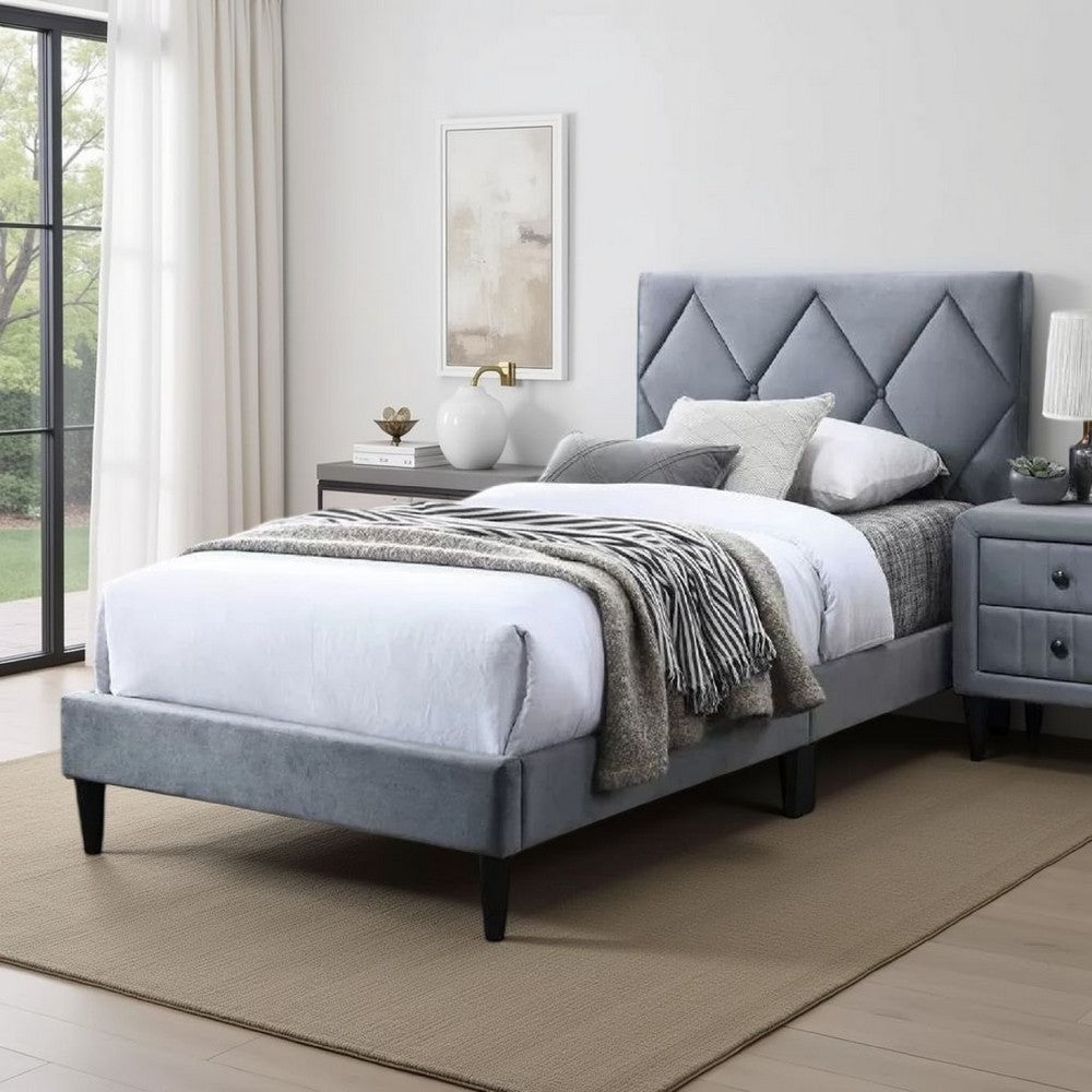 Lilian Full Size Bed, Tufted Gray Velvet Upholstery, Diamond Stitch