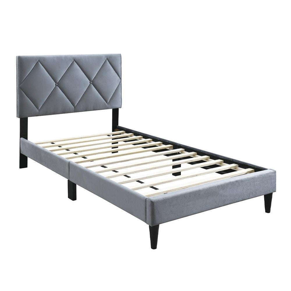 Lilian Twin Size Bed, Tufted Gray Velvet Upholstery, Diamond Stitch