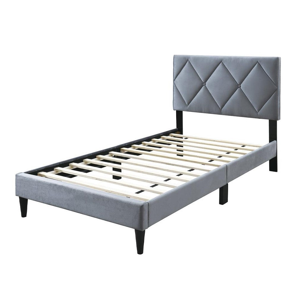 Lilian Twin Size Bed Tufted Gray Velvet Upholstery Diamond Stitch