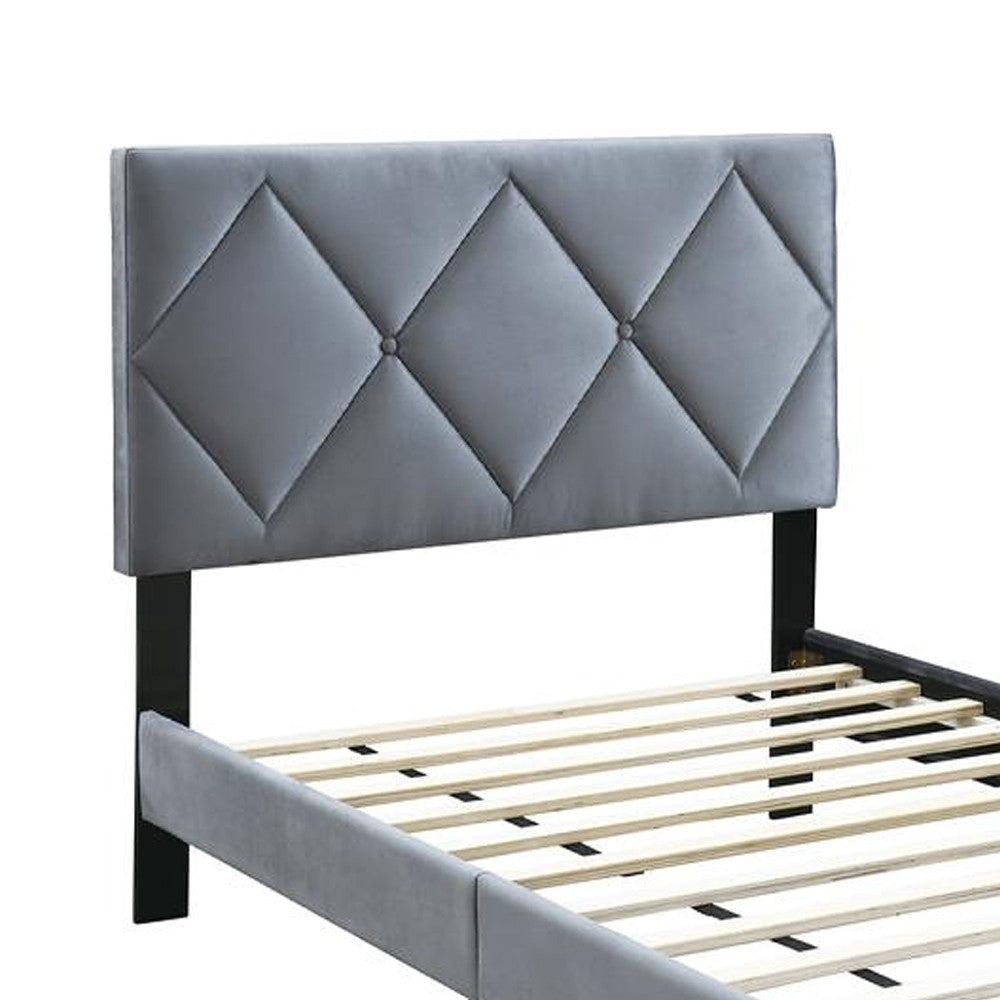 Lilian Twin Size Bed Tufted Gray Velvet Upholstery Diamond Stitch