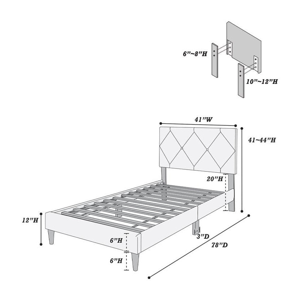 Lilian Twin Size Bed Tufted Gray Velvet Upholstery Diamond Stitch