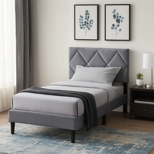 Lilian Twin Size Bed, Tufted Gray Velvet Upholstery, Diamond Stitch