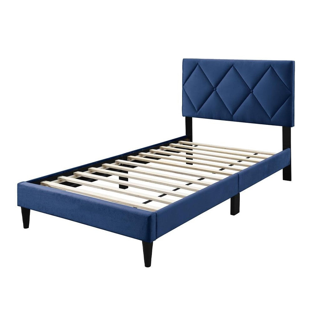 Lilian Full Bed Tufted Navy Blue Velvet Upholstery Diamond Stitch