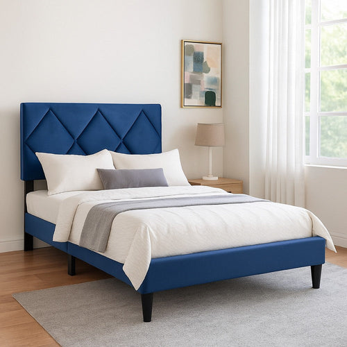 Lilian Full Bed, Tufted Navy Blue Velvet Upholstery, Diamond Stitch