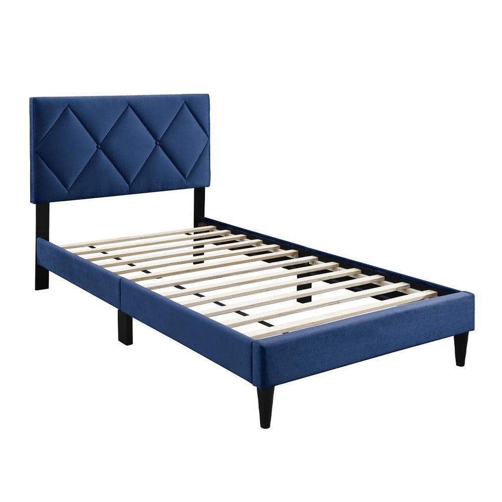 Lilian Twin Bed, Tufted Navy Blue Velvet Upholstery, Diamond Stitch
