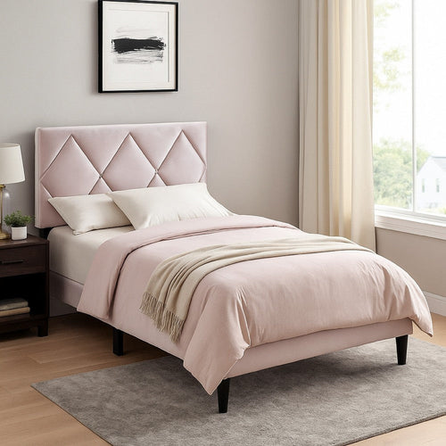 Lilian Full Bed, Tufted Light Pink Velvet Upholstery, Diamond Stitch