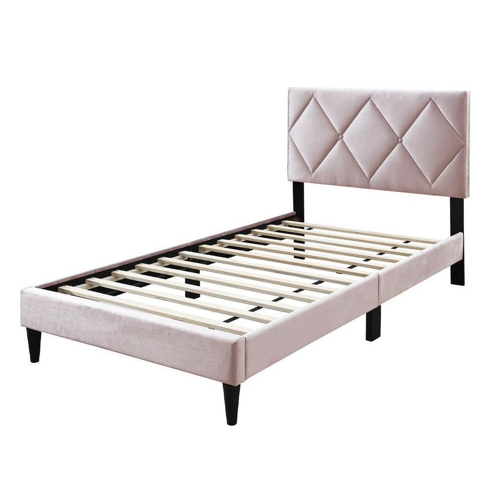 Lilian Twin Bed Tufted Light Pink Velvet Upholstery Diamond Stitch