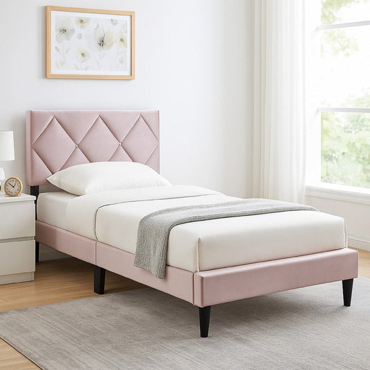 Lilian Twin Bed, Tufted Light Pink Velvet Upholstery, Diamond Stitch