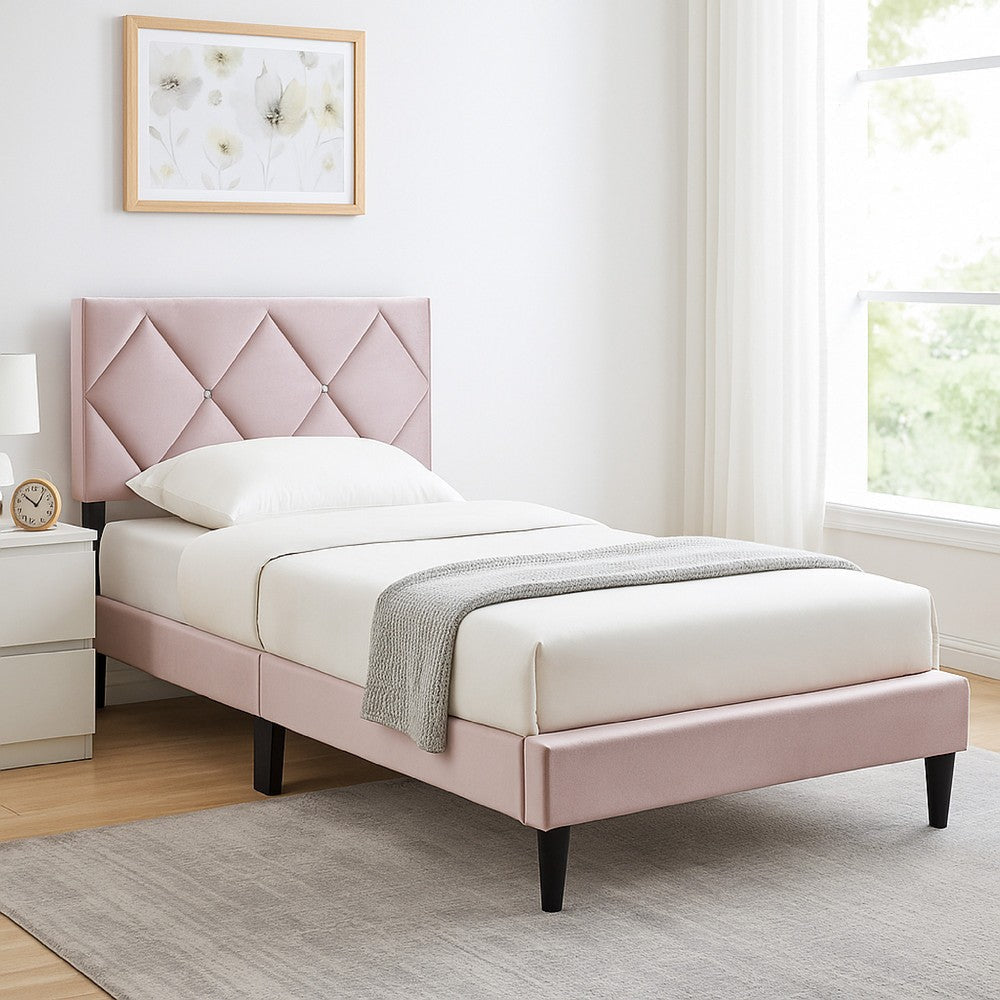 Lilian Twin Bed, Tufted Light Pink Velvet Upholstery, Diamond Stitch