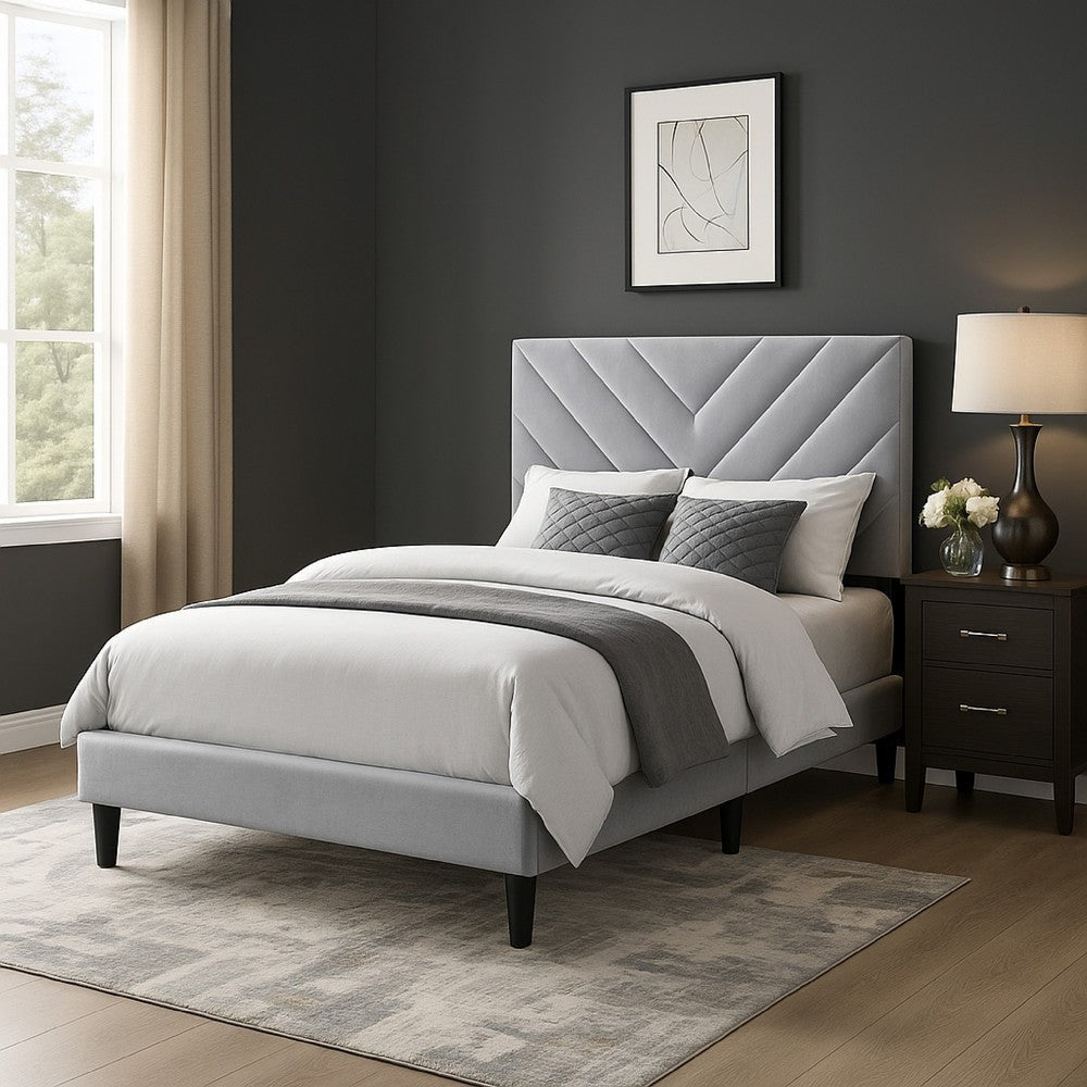 Lilian Full Size Bed, Tufted Gray Velvet Upholstery, Chevron Stitch