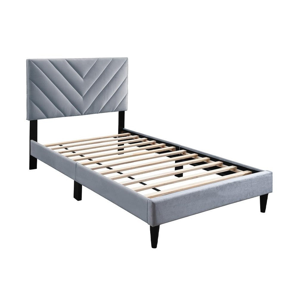 Lilian Twin Size Bed, Tufted Gray Velvet Upholstery, Chevron Stitch