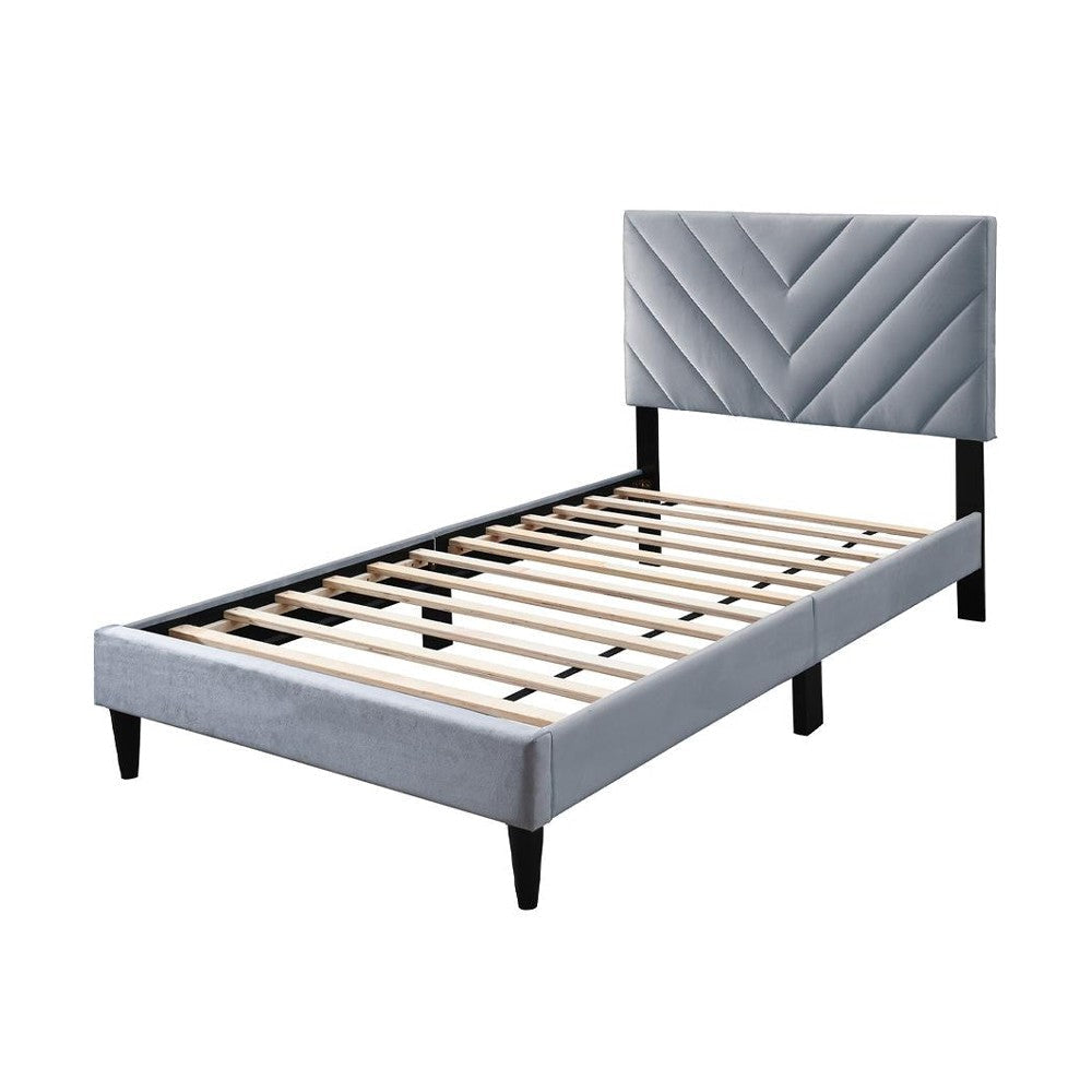 Lilian Twin Size Bed Tufted Gray Velvet Upholstery Chevron Stitch