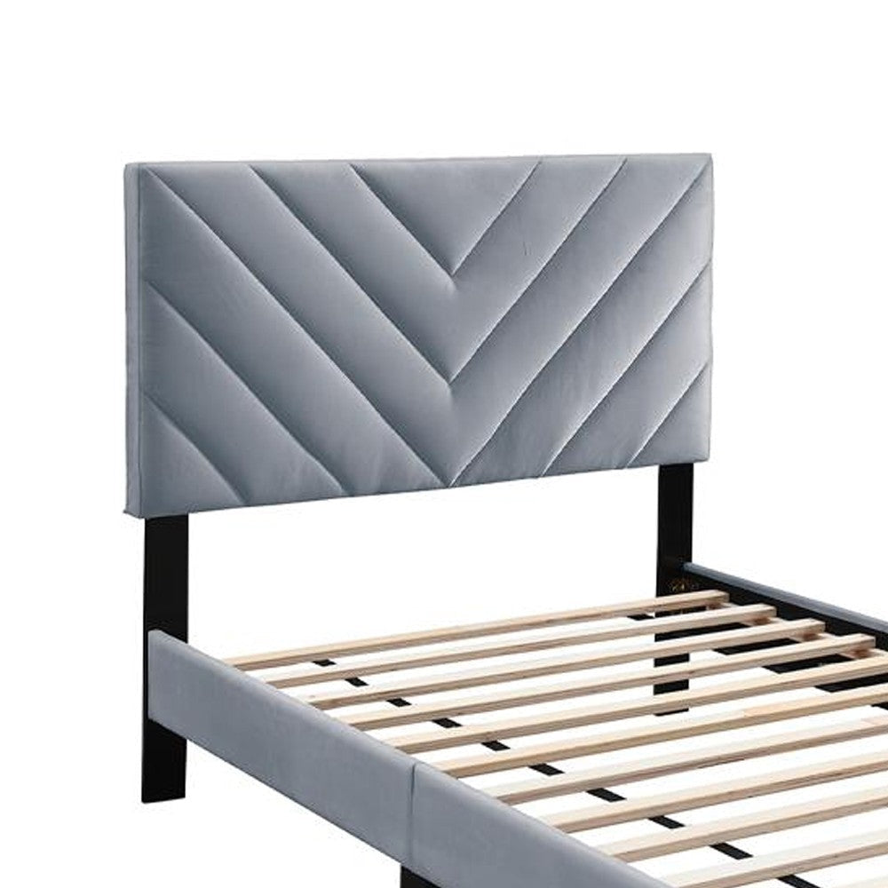 Lilian Twin Size Bed Tufted Gray Velvet Upholstery Chevron Stitch