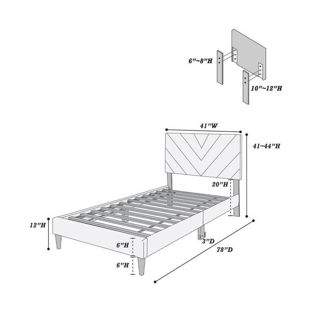 Lilian Twin Size Bed Tufted Gray Velvet Upholstery Chevron Stitch