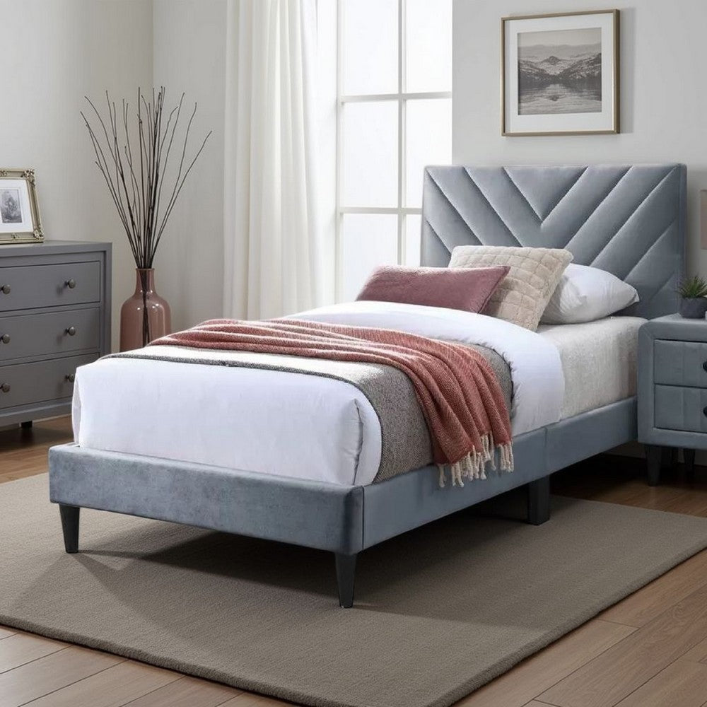 Lilian Twin Size Bed, Tufted Gray Velvet Upholstery, Chevron Stitch