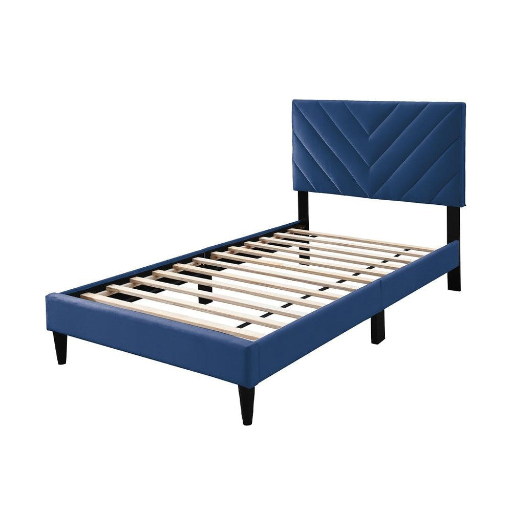 Lilian Full Bed Tufted Navy Blue Velvet Upholstery Chevron Stitch