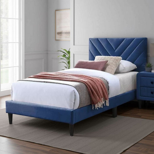 Lilian Full Bed, Tufted Navy Blue Velvet Upholstery, Chevron Stitch