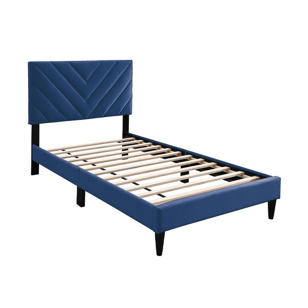 Lilian Twin Bed, Tufted Navy Blue Velvet Upholstery, Chevron Stitch