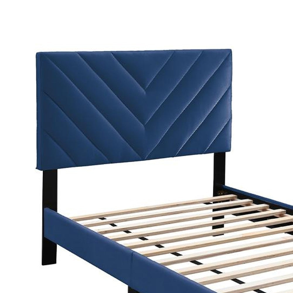 Lilian Twin Bed Tufted Navy Blue Velvet Upholstery Chevron Stitch