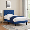 Lilian Twin Bed, Tufted Navy Blue Velvet Upholstery, Chevron Stitch