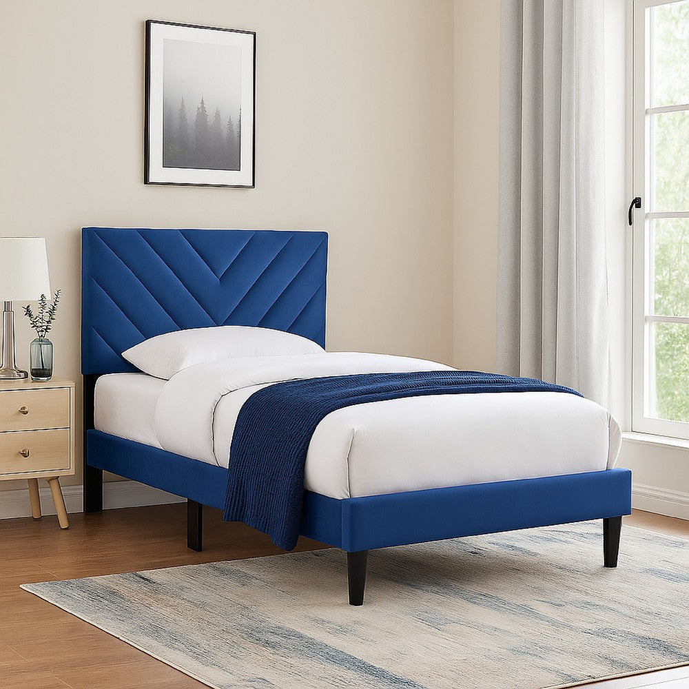 Lilian Twin Bed, Tufted Navy Blue Velvet Upholstery, Chevron Stitch