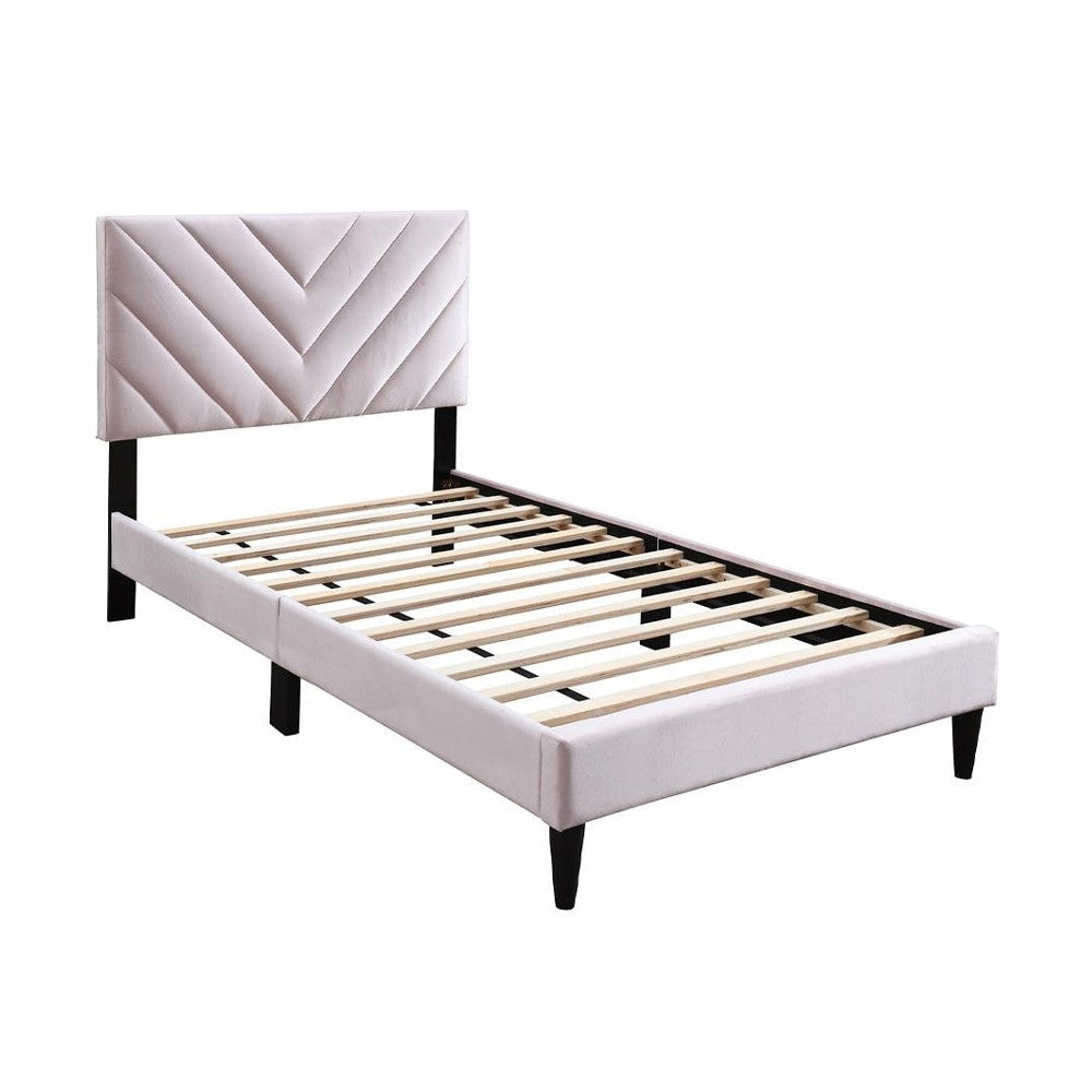 Lilian Full Bed, Tufted Light Pink Velvet Upholstery, Chevron Stitch