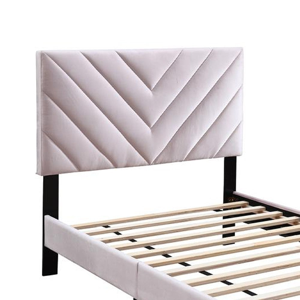 Lilian Full Bed Tufted Light Pink Velvet Upholstery Chevron Stitch