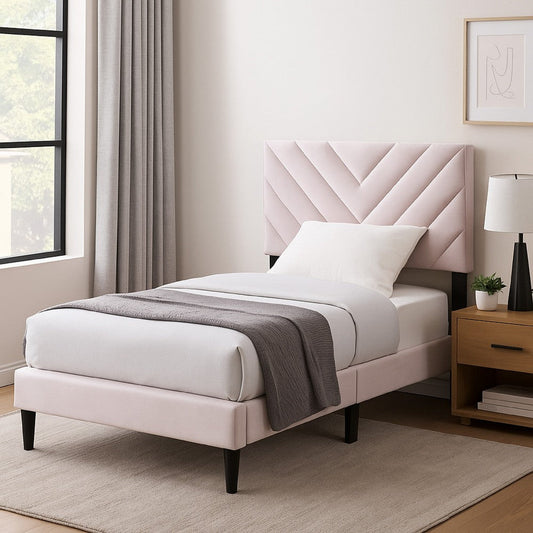Lilian Twin Bed, Tufted Light Pink Velvet Upholstery, Chevron Stitch