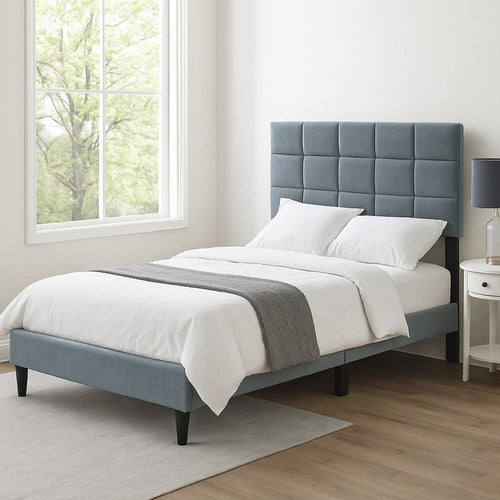 Lilian Full Bed, Tufted Gray Linen Upholstery, Biscuit Tufted Stitch