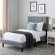Lilian Twin Bed, Tufted Gray Linen Upholstery, Biscuit Tufted Stitch