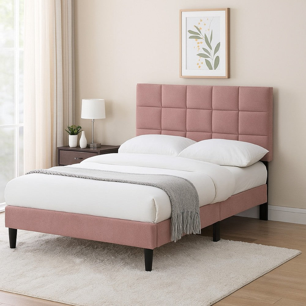 Lilian Full Bed, Tufted Pink Linen Upholstery, Biscuit Tufted Stitch