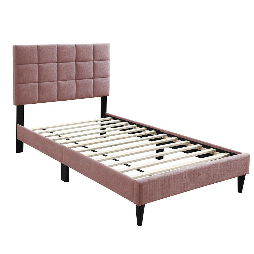 Lilian Twin Bed, Tufted Pink Linen Upholstery, Biscuit Tufted Stitch