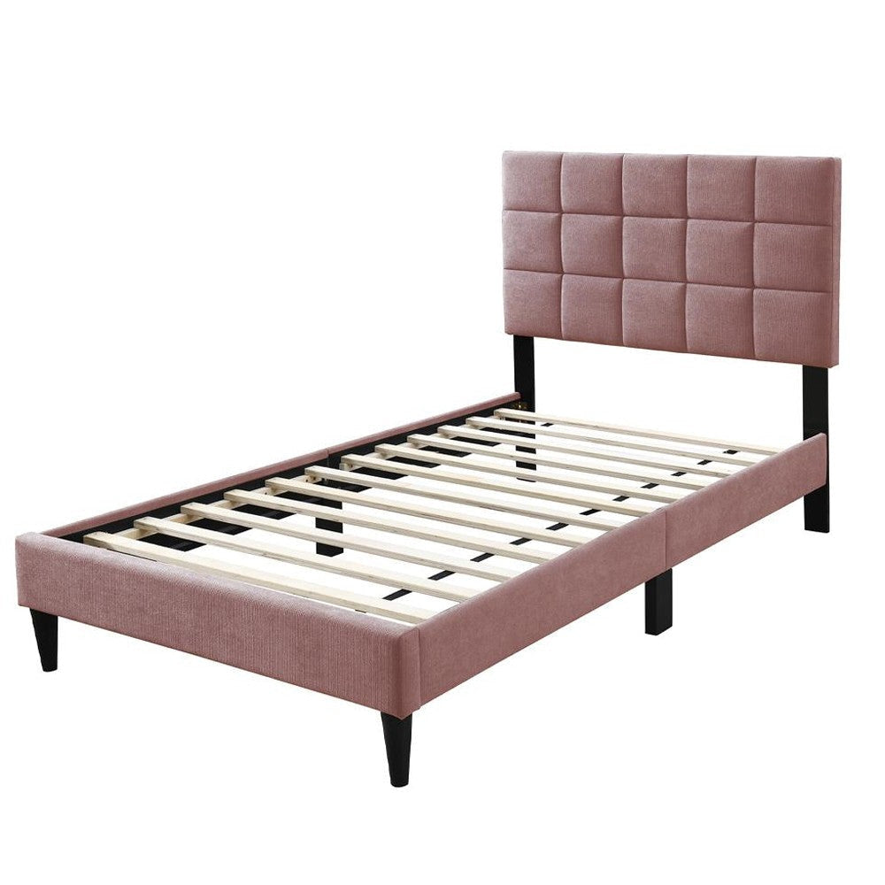 Lilian Twin Bed Tufted Pink Linen Upholstery Biscuit Tufted Stitch