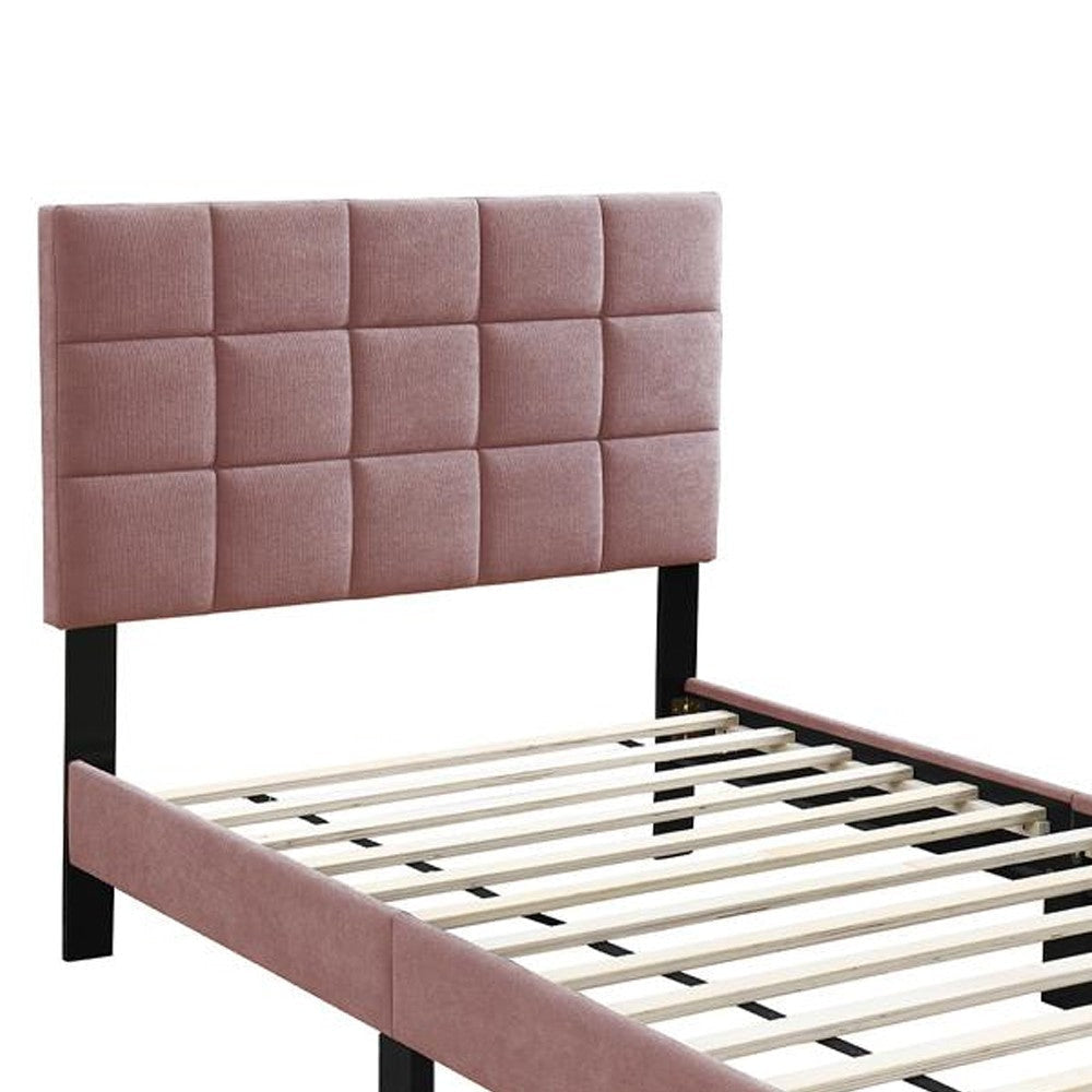 Lilian Twin Bed Tufted Pink Linen Upholstery Biscuit Tufted Stitch