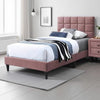 Lilian Twin Bed, Tufted Pink Linen Upholstery, Biscuit Tufted Stitch