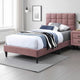Lilian Twin Bed, Tufted Pink Linen Upholstery, Biscuit Tufted Stitch