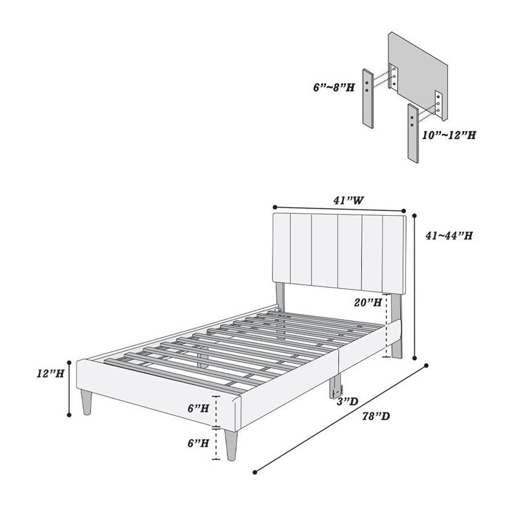 Lilian Twin Bed Soft Channel Tufted Charcoal Gray Linen Upholstery