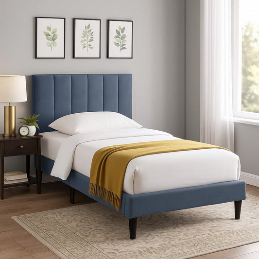 Lilian Twin Bed, Soft Channel Tufted Charcoal Gray Linen Upholstery