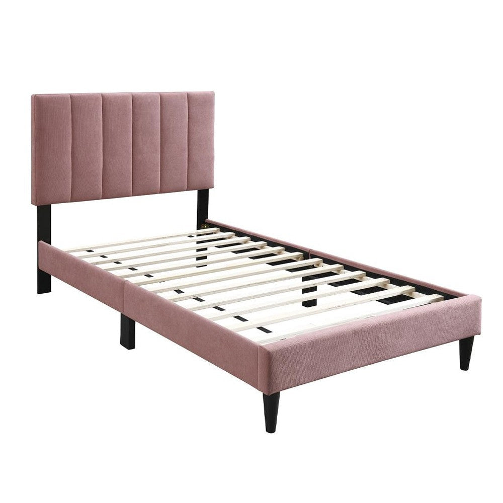 Lilian Full Size Bed, Blush Pink Linen Upholstery, Channel Tufted