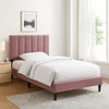 Lilian Full Size Bed, Blush Pink Linen Upholstery, Channel Tufted