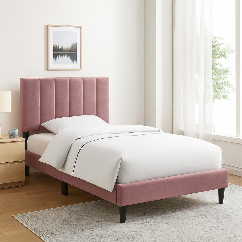 Lilian Full Size Bed, Blush Pink Linen Upholstery, Channel Tufted