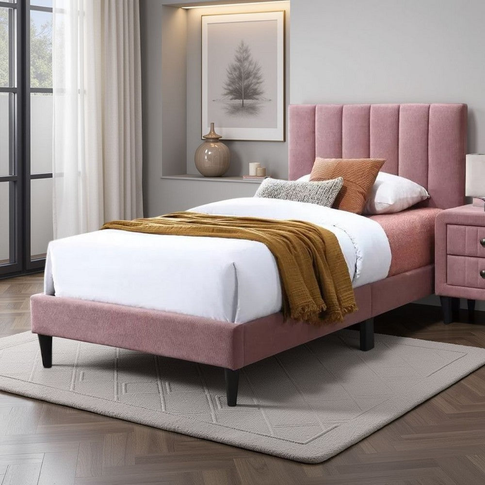 Lilian Twin Size Bed, Blush Pink Linen Upholstery, Channel Tufted