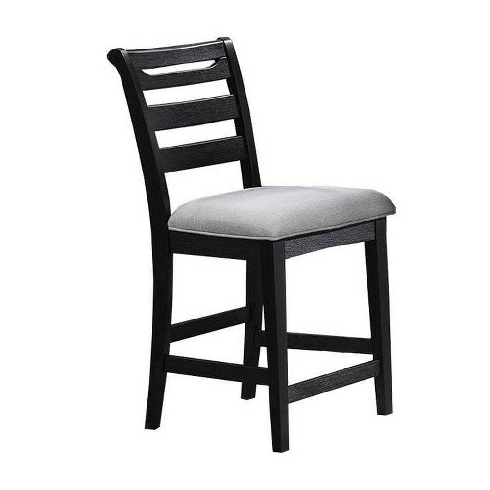 Remus Counter Height Chairs, Set of 2, Ladder Back, Black Embossed Wood, Gray Fabric