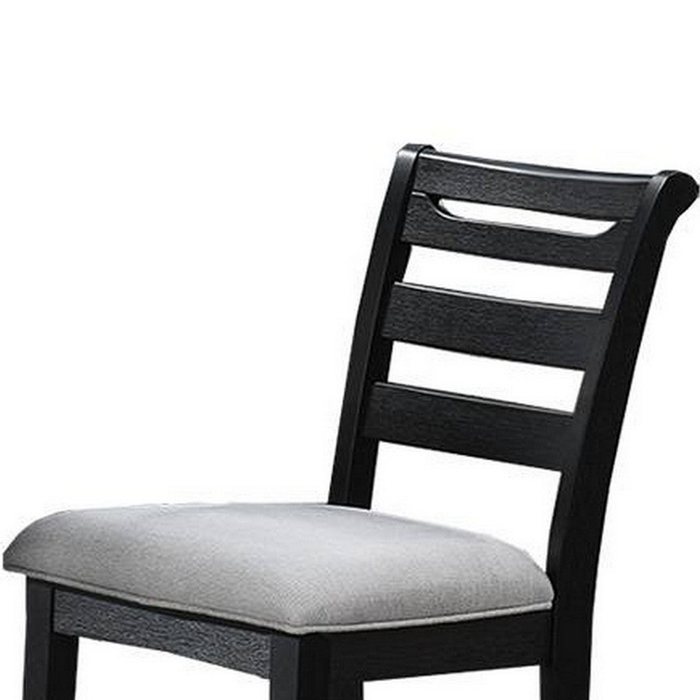 Remus Counter Height Chairs, Set of 2, Ladder Back, Black Embossed Wood, Gray Fabric