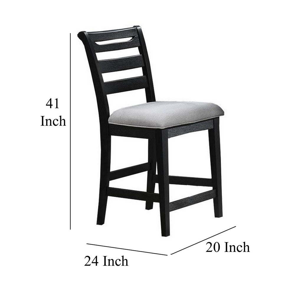 Remus Counter Height Chairs, Set of 2, Ladder Back, Black Embossed Wood, Gray Fabric
